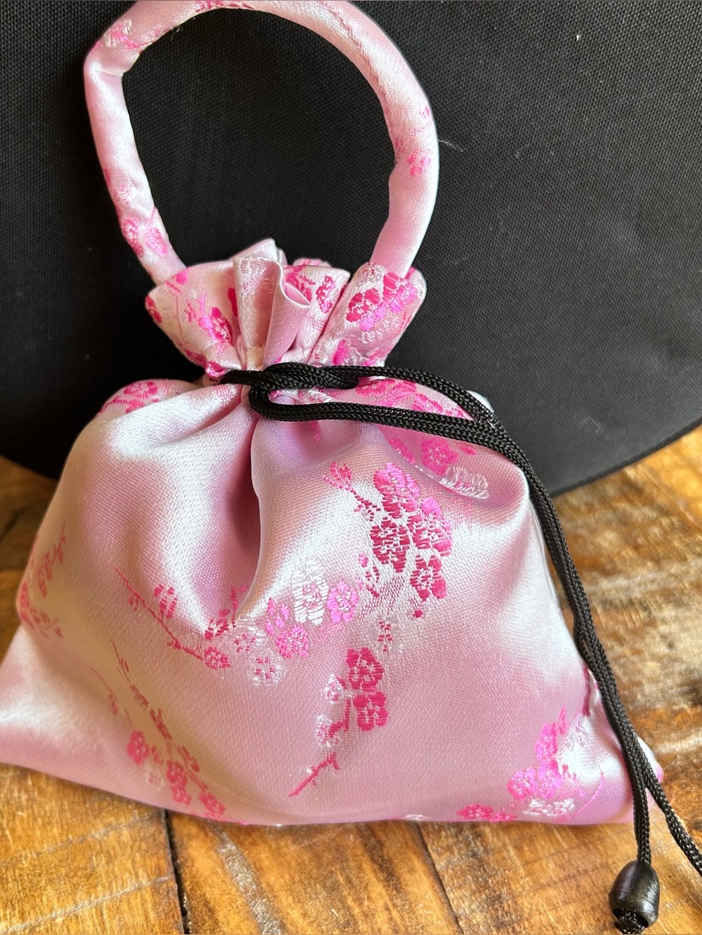 Pink Floral Satin Drawstring Handbag